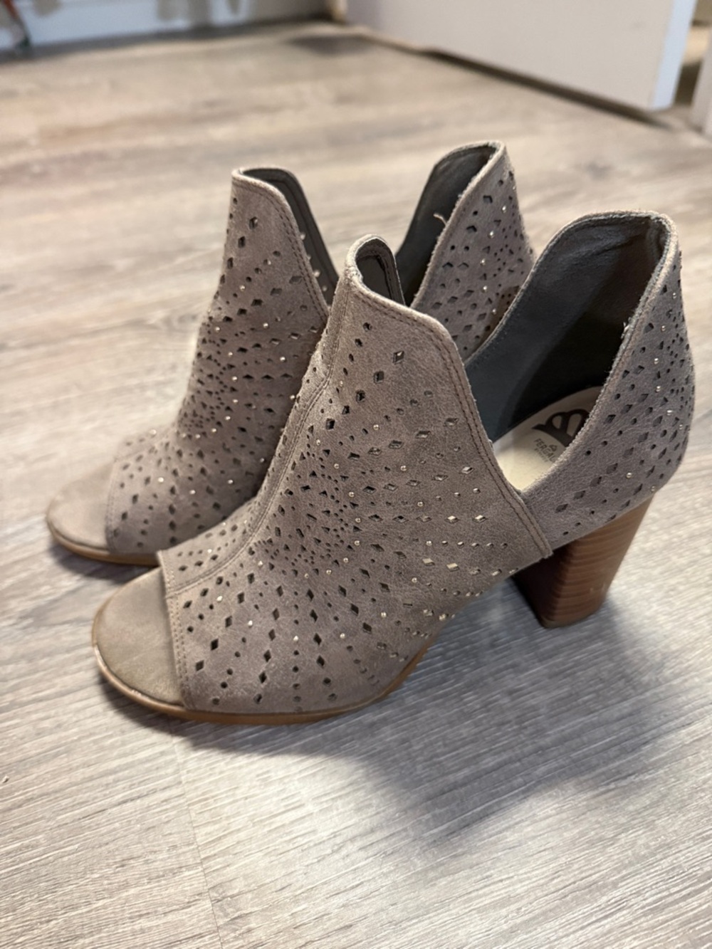 Fergalicious Taupe Suede Perforated Peep-Toe Block Heels